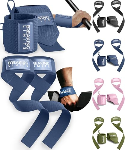 Breaking Limits Set aus Lifting Straps & Wrist Wraps - 2 Handgelenkbandagen, 2 Zughilfen - Krafttraining, Gewichtheben, Kraftsport, Bodybuilding, Krafttraining Powerlifting, Einheitsgröße (Marineblau)