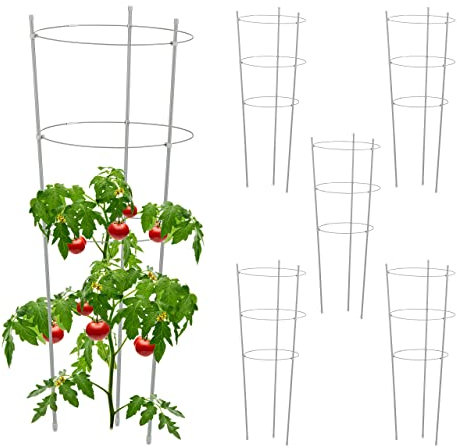 Relaxdays Set da 6 Sostegni Circolari per Pomodori, Piante Rampicanti, Cetrioli, Alti 76 cm, 3 Anelli, Metallo, Grigio