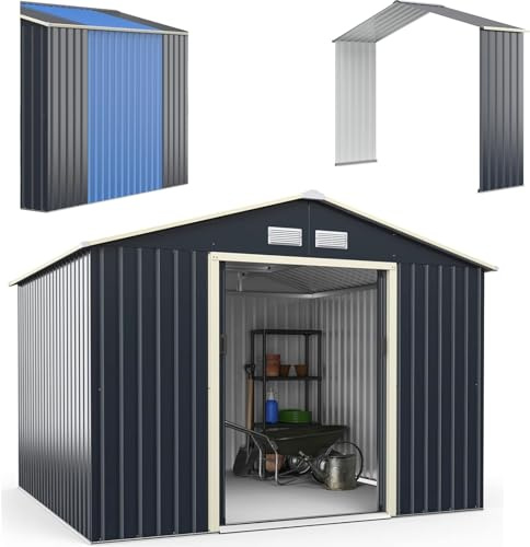 RELAX4LIFE Gerätehaus Metall, Erweitert-277 x 255 x 202 cm, Geräteschuppen wetterfest aus verzinktem Stahl, Gerätehaus mit Schiebetür & 4 Luftschlitzen, Metallschuppen für Garten, Terrasse, Balkon