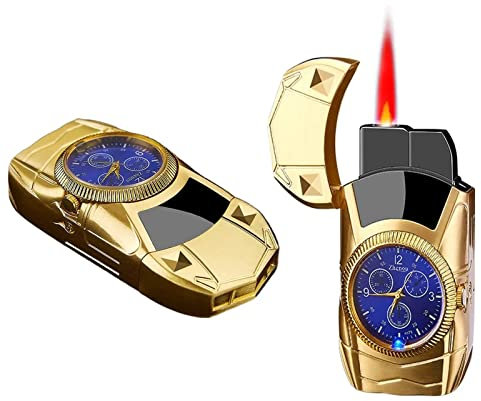 Accendino torcia, accendino a forma di auto, fiamma rossa ricaricabile a butano, fiamma regolabile con quadrante dell'orologio, for campeggio, barbecue, camino, candela, regalo di compleanno da uomo (