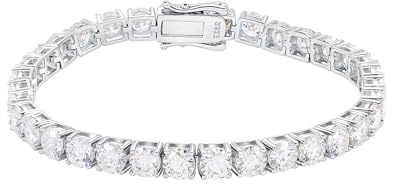 Gem's Beauty Pulsera de tenis de moissanita chapada en oro blanco de 18 quilates, plata 925 de 3 a 6,5 mm, color D, VVS1, pulseras de moissanita de corte redondo para mujeres y hombres, regalo de