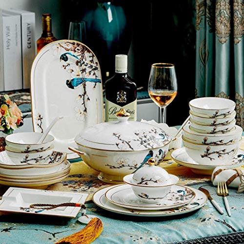 Juego de vajilla de cerámica con 50 piezas, cuenco/olla/plato/cuchara | Juegos de vajilla de porcelana de hueso, juego de combinación de porcelana con patrón de urraca