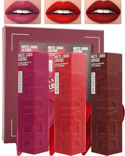 Mat Rouge à Lèvres Liquides Régler-3 Couleurs Rose Rouge Très Pigmenté Étanche Longue Durée Antiadhésif La Tasse ne se Décolore pas Brillant à Lèvres, Set de Maquillage Cadeau pour Femmes-Set B