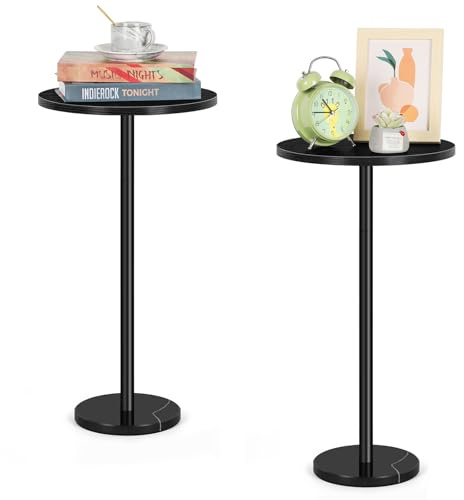 2 Packs Kleiner Beistelltisch Rund Schwarz Side Table mit Marmorsockel | Beistelltisch Schwarz 62,5 x 32 cm, Beistelltisch Klein für Kleine Räume, Bistrotisch für Wohnzimmer Balkone Cafés