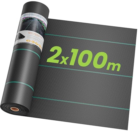 OUNUO 2 x 100 m Malla Antihierbas, Malla contra Malas Hierbas, 90 g/m² Geotextil, Protección césped Artificial, Lona antimalezas jardín, Anti-UV, Negro