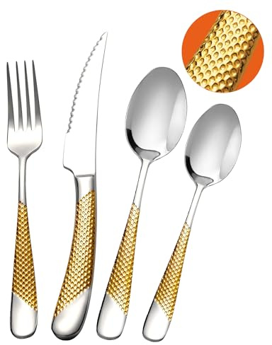 SHEUMNT Juego de cubiertos martillados oro plata modernos de 24 piezas con cuchillo dentado 2 en 1 ultra afilado, set de cubiertos acero inoxidable 18/10, cuberterias completas 6 personas