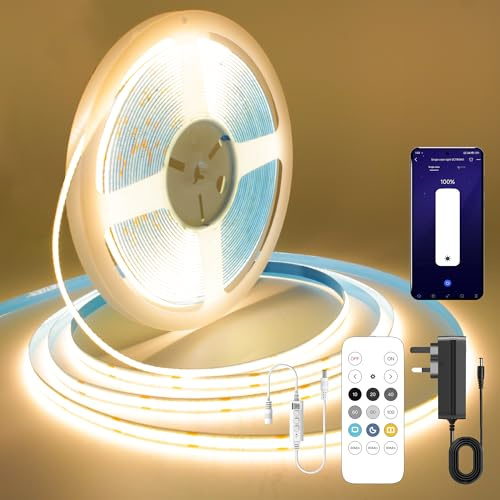 FUIQI 24V COB LED Streifen 10m,Warmweiß 2700K,mit Fernbedienung | und App dimmbar 0-100%,8mm Breite,CRI 90+,Timer & Memory Funktion,kürzbarer LED band für Küche,Schlafzimmer