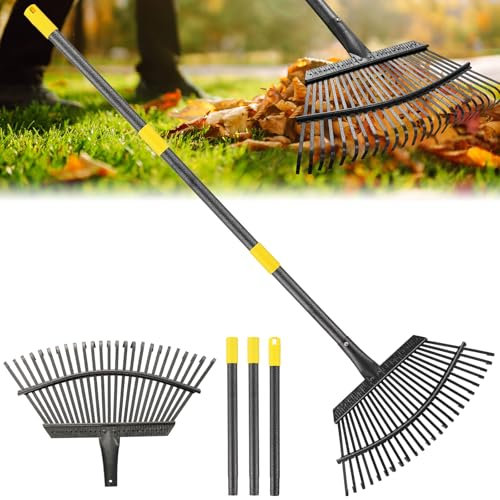 Rake, Garden Rake for Leaves, Heavy Duty Metal Leaf Rakes with 37-65 inch Adjustable Steel Handle, 25 Tines 18 Wide Rake Garden Tools for Lawns Yard Flower Bed Grass Mulch Shrub Camping Gardening