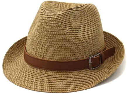 FULUJIDI Fedora Trilby Filzhut Hut Jazz Panama Strohhut Für Männer Und Frauen Outdoor Beach Travel Sonnenschutz Hut 56 To58 cm Khaki