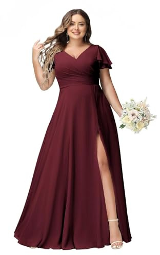 JAEDEN Große Größen Abendkleid Lang Chiffon Brautjungfernkleid Rüschen Kurzarm Hochzeits Gast Kleid Dunkles Burgunder 54