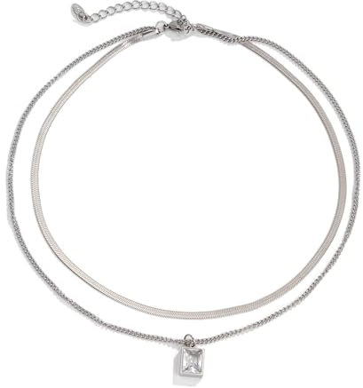 KnSam Kette Mann Set, Titan Partnerketten Doppelschichten Schlangenkette Rechteckig Form, Silber Schlangenkette mit Zirkonia, 45CM