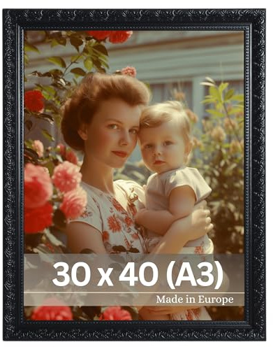 VictoR vintage Bilderrahmen „Rubens“ in 30x40 cm (A3) schwarz - Leiste: 30x20mm - Echtglas - Fotorahmen barock - antik - Bilderrahmen 30x40 vintage - Fotorahmen A3 schwarz