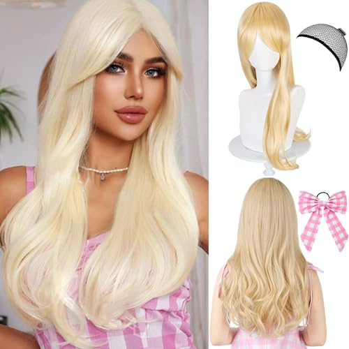 Perücke Prinzessin Damen Mädchen,Blond Lange Gewellte Perücke mit Haarnetz und Schleife,Cosplay Perücken für Frauen und Mädchen,Karneval Halloween Fasching Kostüme Party