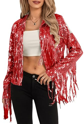 Damen-Pailletten-Partyjacken, glitzernd, lange Ärmel, offene Vorderseite, Quaste, Jacken, Blazer, Bühnenauftritte, Kostüme, Clubwear, B-Rot, S