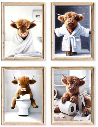 JINZUNRUI Badezimmer Deko Bilder Gäste Bad Poster A4 Wandbilder, Lustige Toilette WC Deko, Leinwand Schottische Hochland Kuh- Ohne Rahmen