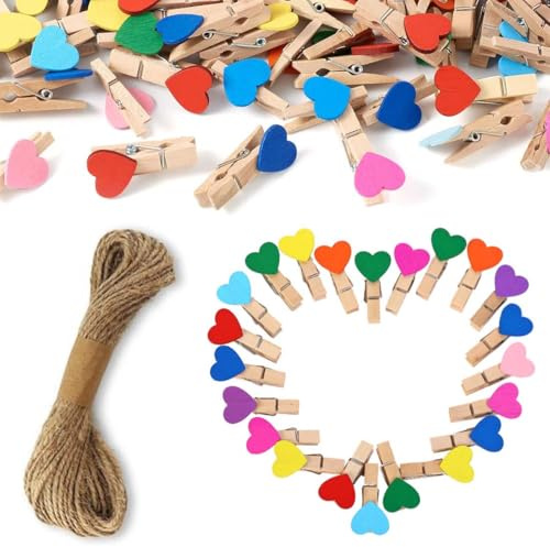 XURJUMI 50 Stück Mini Bunte Hölzerne Wäscheklammern, Herzform Pegs, Foto Büroklammern mit 10 Meter Juteschnur für DIY Dekorationen (Bunte Herzen)