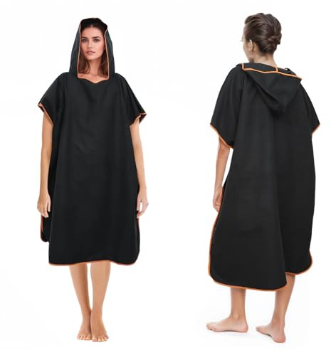 Pameil - Poncho de baño para mujer y hombre, toalla de baño, poncho de microfibra para surf (Negro)