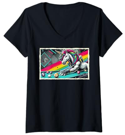Damen Unicorn Billardqueue Pool Snooker T-Shirt mit V-Ausschnitt