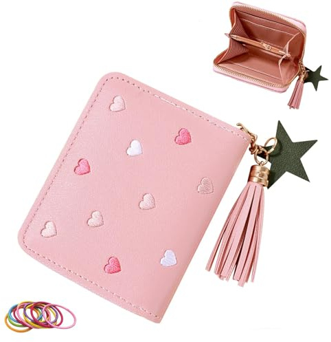 Girls Purse, Cute Slim Short Small Kids Wallet with Embroidery Hearts, PU Leather Ladies Purse with Tassel Zipper for Teens Girls Women (Pink)