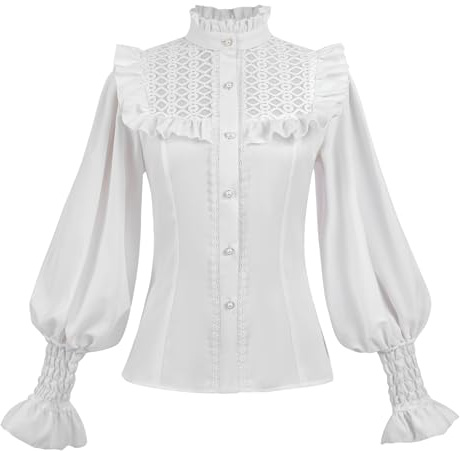 CR ROLECOS Viktorianische Bluse Damen Langarm Mittelalter Rüschenbluse Vintage Gothic Bluse Weiße XXL