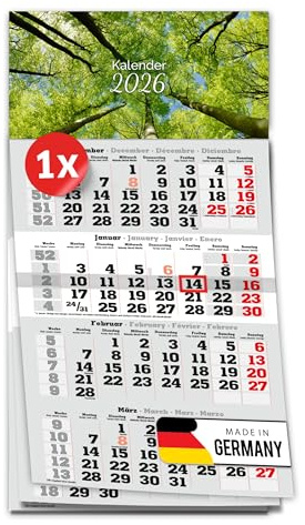 PRIMUS PRINT 4-Monats Einblockkalender 2026 mit Schieber - Wandkalender zum Aufhängen - großer Monatskalender- inklusive Feiertagen - verschiedene Motive, verschiedene Sets [ 1x Bäume ]