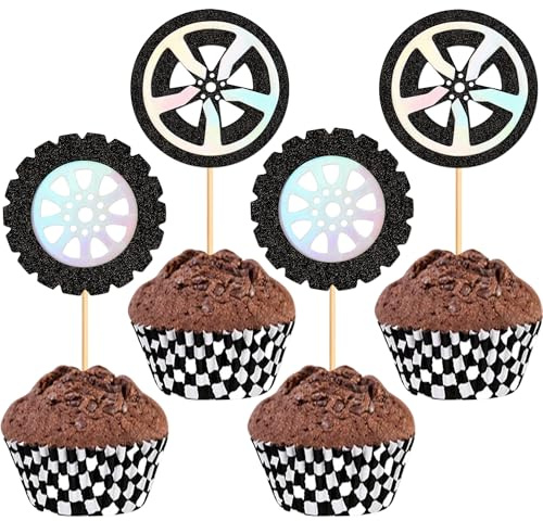 Blumomon 24Pcs Racing Wheel Cupcake Toppers Glitter Racing Wheel Racing Car Cupcake Picks for Racing Sports Theme Baby Shower Boys Birthday Party Cake Supplies