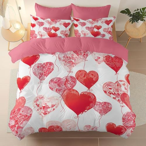 Housse De Couette 140 x 200 cm, Romance Amour Ballons Imprimé Microfibre Housse De Couette, pour Enfants et Adolescents Parure de Linge de Lit avec Fermeture Éclair, Rouge Blanc