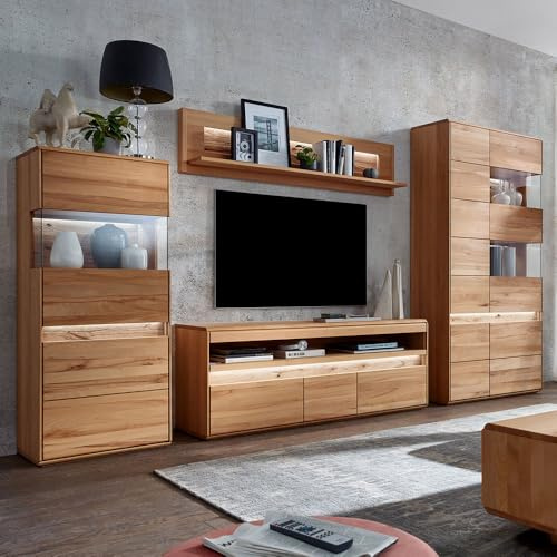 Lomadox Wohnwand Wohnmöbel Set Kernbuche Buche massiv geölt mit Highboard, Wandboard, Lowboard, Vitrine & LED-Beleuchtung, 5-teilig - Echtholz/Massivholz, Softclose, grifflos