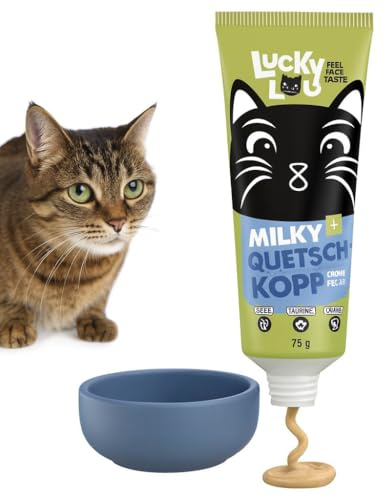 ANIMALUJOS-Lucky Lou Quetschkopf Crema de Leche 75 g- para Gatos – Pasta Snack sin Cereales ni azúcar, lionesa cremosa con taurina y Catnip, hidratante y Alta tolerabilidad.