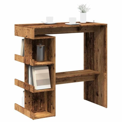 QJBSAVVA Bartisch mit Regal in Altholz-Optik 100 x 48 x 101.5 cm Robuster Stehtisch mit 3 Ablagen und Fußstütze Modernes Design für Küche Balkon und Outdoor Bereich