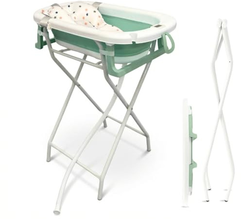 BATHBY Bañera de Bebé con Cojín Reductor, Termómeto y Soporte Plegable | Pack Completo para Recién Nacidos | Bañera Ligera, Segura y Compacta | Soporte Elevado Estable y Fácil de Guardar (Verde)