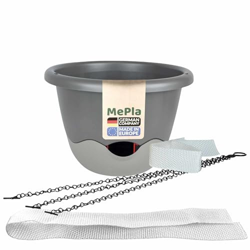 MePla - Set - 1 Stück Ampel Mareta ø30 Anthrazit/Grau + 1 x Ersatzbewässerungsband 62 cm – Selbstbewässernde Blumenampel mit Wasserspeicher – UV-beständig, wetterfest – für Balkon & Innenbereich