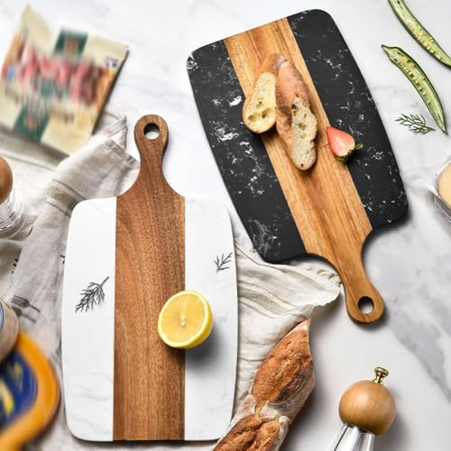 VRTYVEYBB Tabla de cortar de madera de acacia y mármol artificial con asa, doble propósito, 34,9 x 18,5 cm, para cocina y fiesta