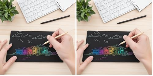 BullTek 50 Blatt Scratch Art 19 x 13 cm für Kinder und Erwachsene, Schwarze Kratzblätter mit Regenbogen-Effekt, kreatives Set mit 2 Holzstiften für Zeichnungen, Skizzen und Basteln (Packung mit 2)