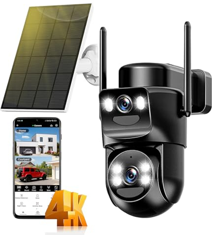 4K Caméra de Surveillance WiFi Extérieure sans Fil,8MP Double Objectif Camera Solaire Extérieur avec Panneau,360° PTZ,Vision Nocturne,Suivi Automatique,PIR Détection Humaine,Audio Bidirectionnel,IP66