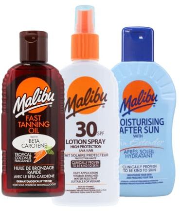 Malibu Sun Beach Bronze Essentials Trio, SPF30 | Lotion Spray, Bronzing Fast Tanning Oil, Moisturising Lotion with Tan Extender, Hydrating & Vitamin Enriched