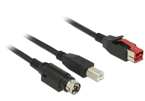 Delock PoweredUSB Kabel Stecker 24 V > USB Typ-B Stecker + Hosiden Mini-DIN 3 Pin Stecker 4 m für POS Drucker und Terminals