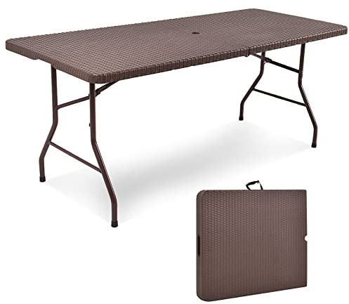 GYMAX 6FT Folding Table, Portable Lightweight Camping Table with Carry Handle, Easy Fold Up Rectangle Indoor/Outdoor Collapsible Table for Camp, Picnic, BBQ, Patio (Rattan Tabletop with Umbrella Hole)