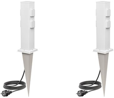 ledscom.de 2 Stück Garten-Steckdosen-Säule Polly mit Erdspieß und 2m Kabel für außen, 4-Fach, Edelstahl, eckig, weiß, 38cm