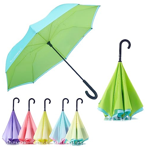 RUMBRELLA Reverse Umbrella Auto Close Windproof Car Umbrella Inverted with J Hook Handle for Women Girls, Blue Green