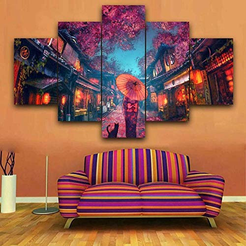 Yywife Bilder XXL 5 Teile wandbild leinwandbilder Kunstdrucke Japanische Anime-Straße XXL 5 Teiliges Wandbild Mit Rahmen Größe 150x80CM Leinwandbild Wandbilder Feiertagsgeschenk