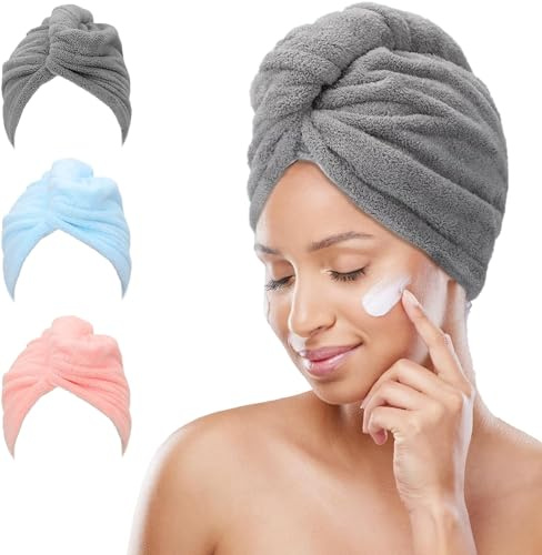FREATECH 3 Pezzi Asciugamano Capelli in Microfibra - Asciugare Rapidamente i Capelli Bagnati senza Crespo, Turbante Capelli Morbido e Assorbente con 3 Bottoni per Donna, Bambino, Capelli Lunghi Ricci