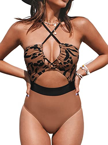CUPSHE Women's One Piece Swimsuit Plunge Neckline Cutout Criss Cross Bathing Suit, XS Brown