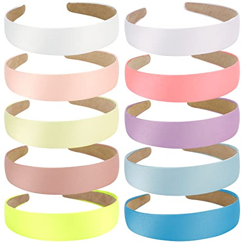 Wecoe Headbands, 10 Pack Satin Headbands Women 1.3 Inch Wide Non Slip Fashion Headbands, Hair Bands for Girls DIY Short Hair Accessories, Plain Headbands in White, Pink, Purple, Blue, Colorful
