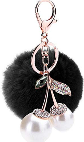 Canarea Schlüsselanhänger Pompons Plüsch Flauschige Taschenanhänger, Faux Kaninchen Pelz Plüschball mit Mini-Perlen Kirsche Strass Dekor Keychain Ring Kugel bommel für Handtasche Schlüssel (Schwarz)