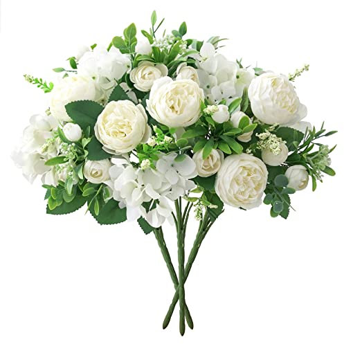 VINFUTUR 3 Bunches Artificial Hydrangea Peony Silk Flowers Bouquet Fake Peony Hydrangea Bridal Bouquet for Wedding, Party, Home Decoration, White-b
