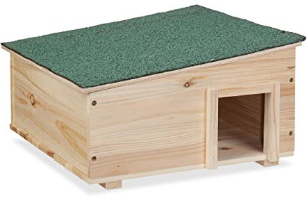 Relaxdays Casetta per Ricci in Legno, Rifugio Giardino, 2 Camere, 21,5x40x40 cm, Tana Anti Predatori, Marrone Naturale