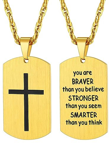 Richsteel Herren Military Plaque Kreuz Halskette Gravierter Anhänger BRAVER Dog Tag Halskette aus Edelstahl mit Kette Personalisierter Schmuck Geschenk für Männer Jungen Gold