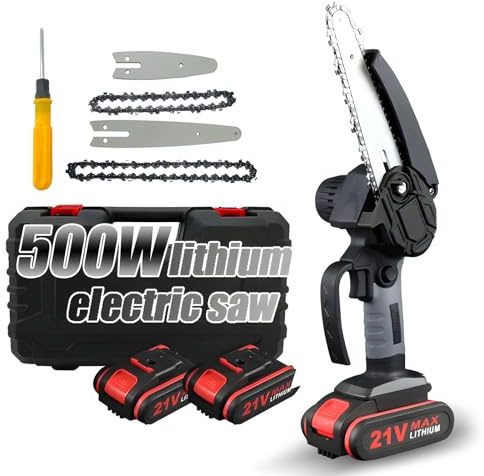 Irishom Mini Motosega 4 Pollici 6 Pollici Motosega Portatile con Blocco di Sicurezza 2 Catene 21V Ricaricabile Alimentato a Batteria Motosega Elettrica Senza Fili-Nero