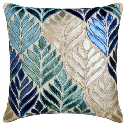 The HomeCentric Entwerfer Beige Kissen, Metallisches Leder Applique Blumen Thema kissenbezuge, 2 Stück, 50x50 cm kissenhullen, Blumen Modern sofakissen, Platz Bettwäsche aus Baumwolle - Leaving Blue